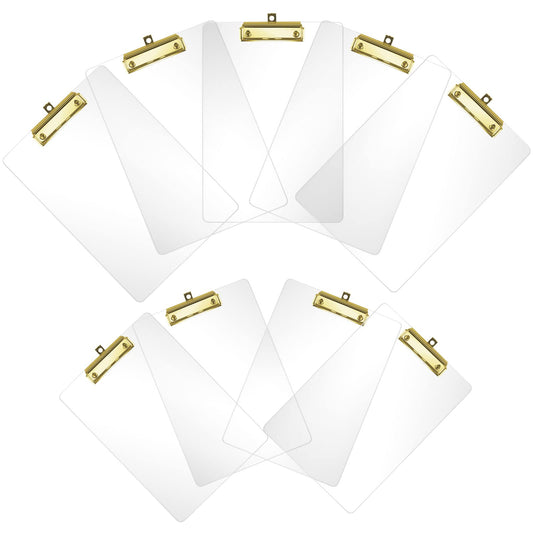 Moocci Thick Acrylic Clear Clipboards Cute Transparent Bulk Gold Clipboard with Strong Clip and Hidden Hanging Hole for A4 Paper, Art Student, Drawing, Office, School, Warehouse, Classroom, 9PC