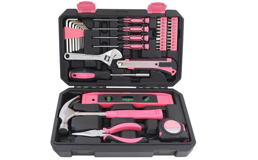 Apollo Tools 39 Piece General Household Tool Set in Toolbox Storage Case with Essential Hand Tools for Everyday Home Repairs, DIY and Crafts - Pink Ribbon - Pink - DT9711P