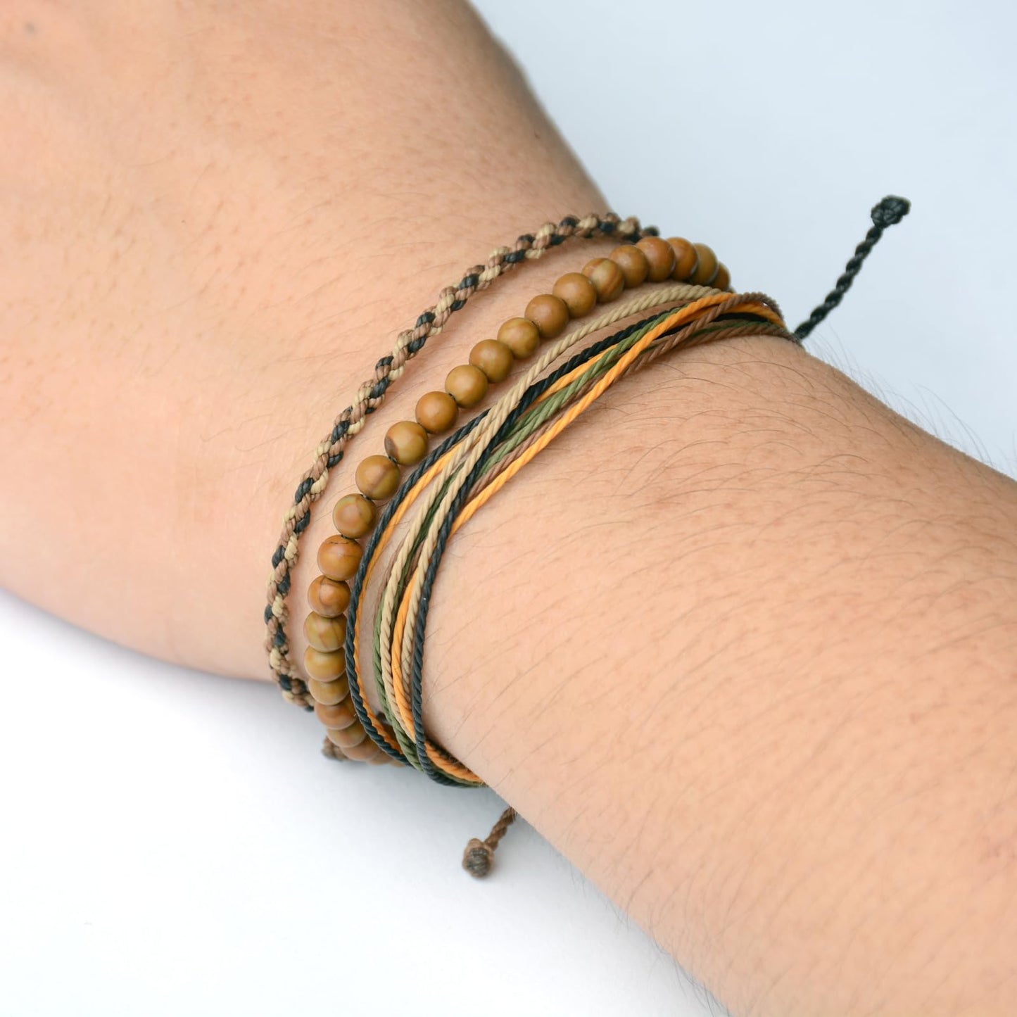 Handmade Natural Stone Beaded Healing Bracelet Gift for Men Adjustable Rope String Bracelet (Wood-Grain Yellow, Adjustable)