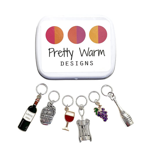 Pretty Warm Designs Wine Lover Stitch Markers with Metal Case, Set of 6 Knitting Notions and Enamel Metal Yarn Markers for Fiber Arts