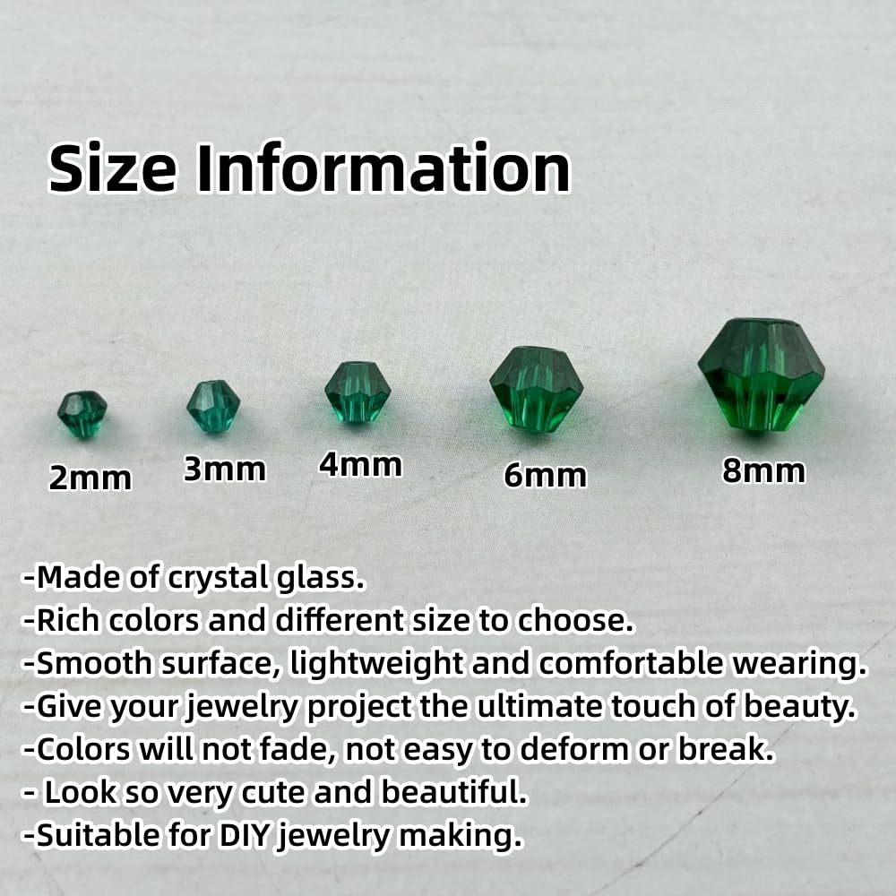 Pinhoollgo 1310pcs Bicone Crystal Glass Beads 2mm 3mm 4mm 6mm 8mm Faceted Crystal Spacer Beads for Bracelets Necklace Pendants Earrings DIY Jewelry Craft Making(Peacock Green)
