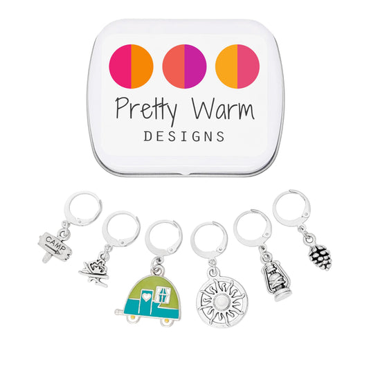 Pretty Warm Designs Happy Camper Removable Stitch Markers - Retro RV Trailer Outdoor Yarn Accessories for Knitters and Crocheters - Set of 6 Handcrafted Pieces in Metal Hinged Case
