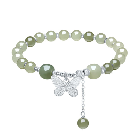 ZHOU LIU FU Sterling Silver Jasper Beaded Bracelets for Women S925 Silver Green Gemstone Bead Butterfly Stretch Bracelet Mom Birthday