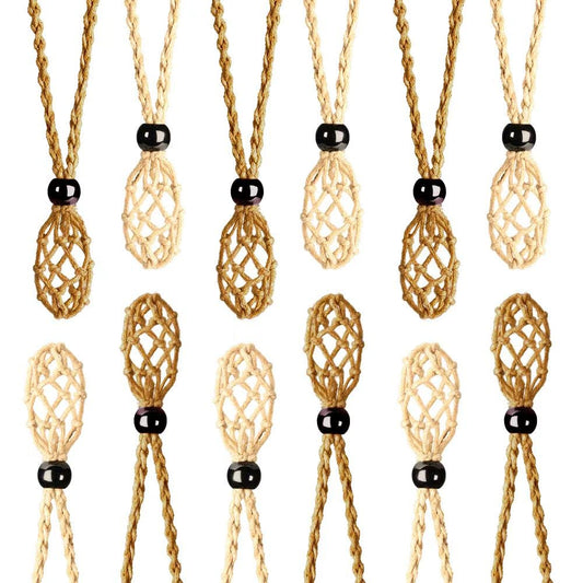 Anjiucc 12 PCS Crystal Cage Necklace With Adjustable Length - Empty Stone Pendant Holder Replacement Hand-Woven Cord (Coffee + Khaki)