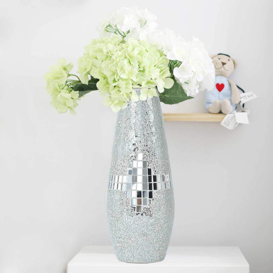 Decorative Shine Vase Stunning Handmade Mosaic Crackle Glass House Decor Table Centerpieces Modern Room Decoration (Silver)