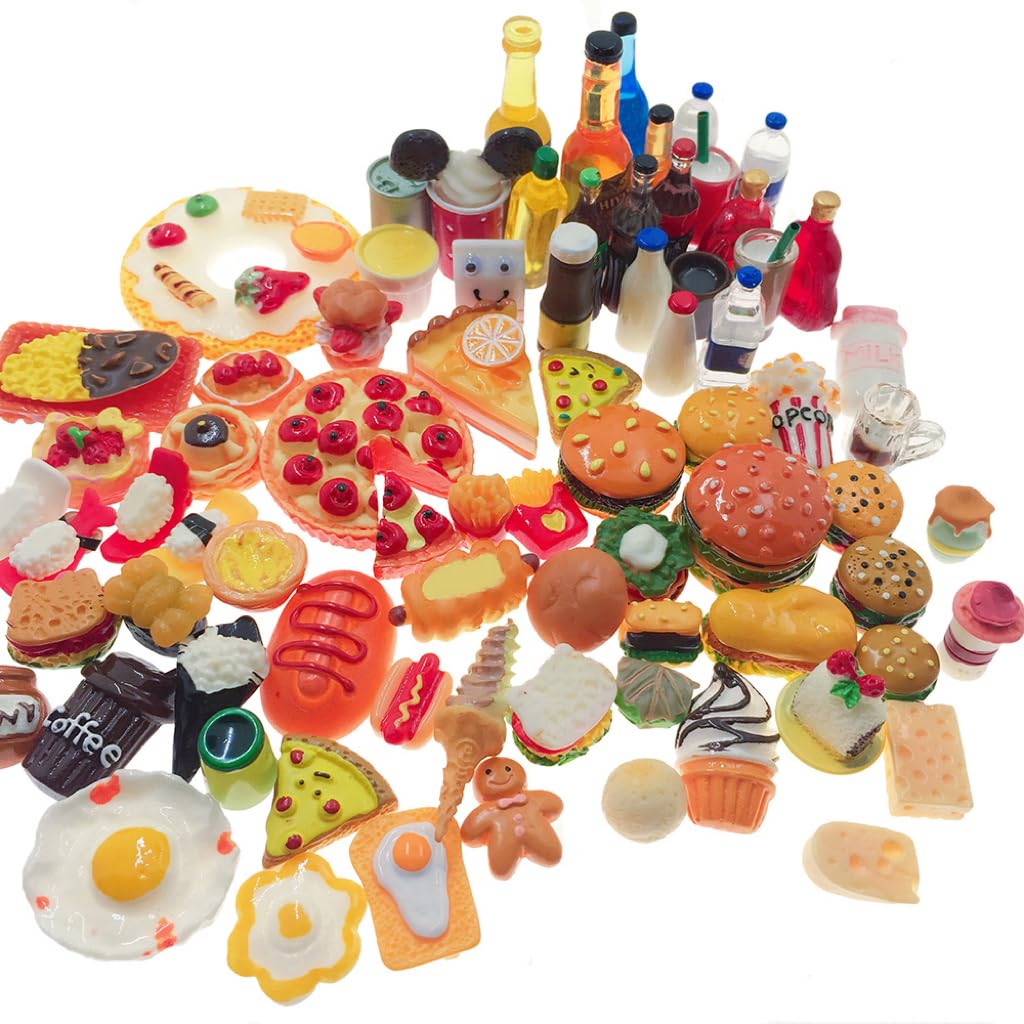 SIX VANKA Miniature Food Drinks Toys 110pcs Mixed Resin Pizza Hamburgers French Fries Wine Decoration Tableware Doll house for Adults Childrens Pretend Play Kitchen Cooking Game Birthday Party Present