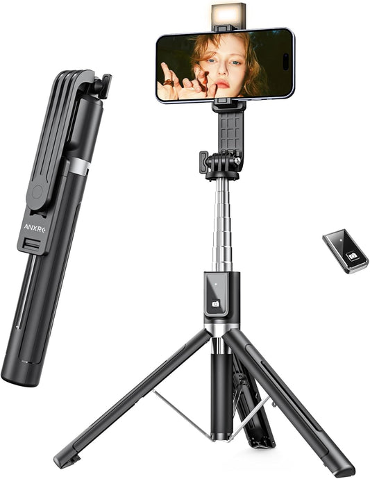 ANXRE 50" Selfie Stick Tripod with Fill Light and Stable Base, Extendable Phone Tripod with Detachable Wireless Remote