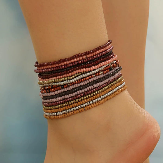 18Pcs Colorful Bohemia Seed Beaded Bracelets Handmade Adjustable Stackable Rainbow Beaded Stretch Bracelet Anket Multilayer Vaction Elastic Bracelet for Women Summer Beach Boho Jewelry Gifts (Color H brown)