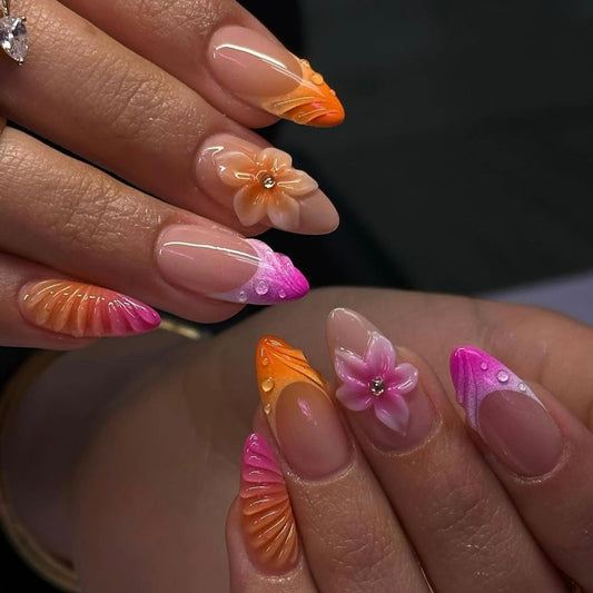 Almond Press on Nails Medium Length 3D Summer Fake Nails with Designs French Tip Nails press ons Embossed Pink Orange Flower False Nail French Manicure Glossy Full Cover Stick on Nails for Women 24PCS