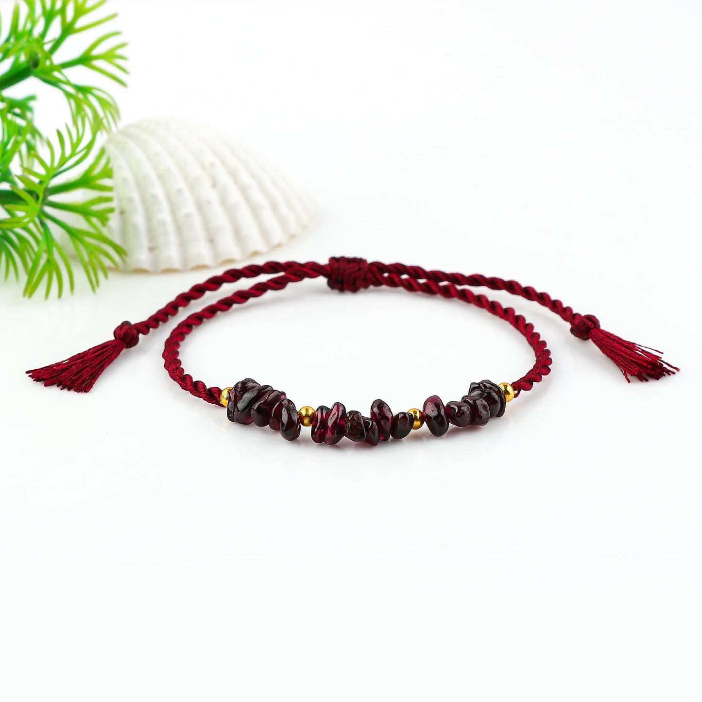 GEMSYMPHONY Red Garnet Gemstone Chips Rope Bracelet – Adjustable Handmade Crystal Chip Bead Bracelet for Women & Men, Natural Stone Healing Jewelry, Boho Style, Unisex Spiritual Gift (Red Garnet)