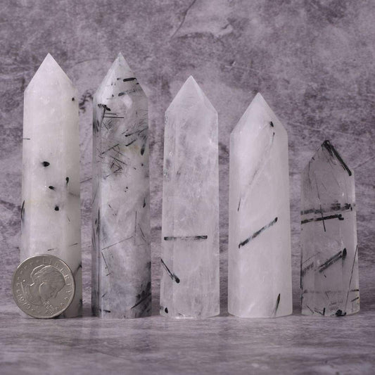 Angelstones Natural Black Rutilated Quartz Gemstone Healing Crystal Hexagonal Pointed Reiki Chakra Faceted Prism Wand Carved Stone Figurine Home Decor