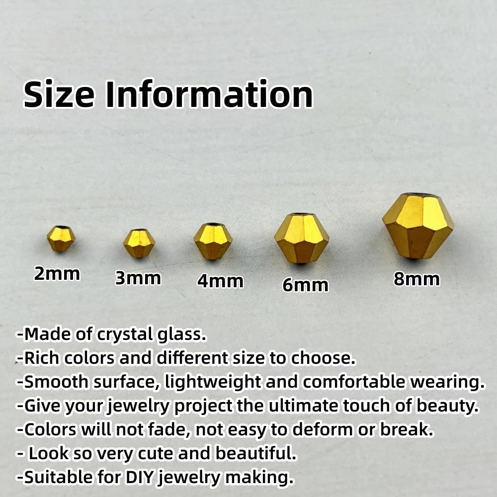 Pinhoollgo 1310pcs Bicone Crystal Glass Beads 2mm 3mm 4mm 6mm 8mm Faceted Crystal Spacer Beads for Bracelets Necklace Pendants Earrings DIY Jewelry Craft Making(Gold)