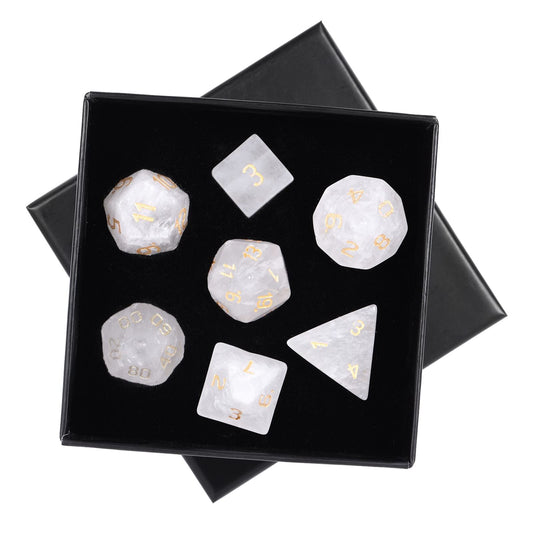 mookaitedecor 7 PCS Rock Quartz Crystal Polyhedral DND Dice Set, Polished Tumbled Stones Dices for RPG MTG Table Games Home Decoration