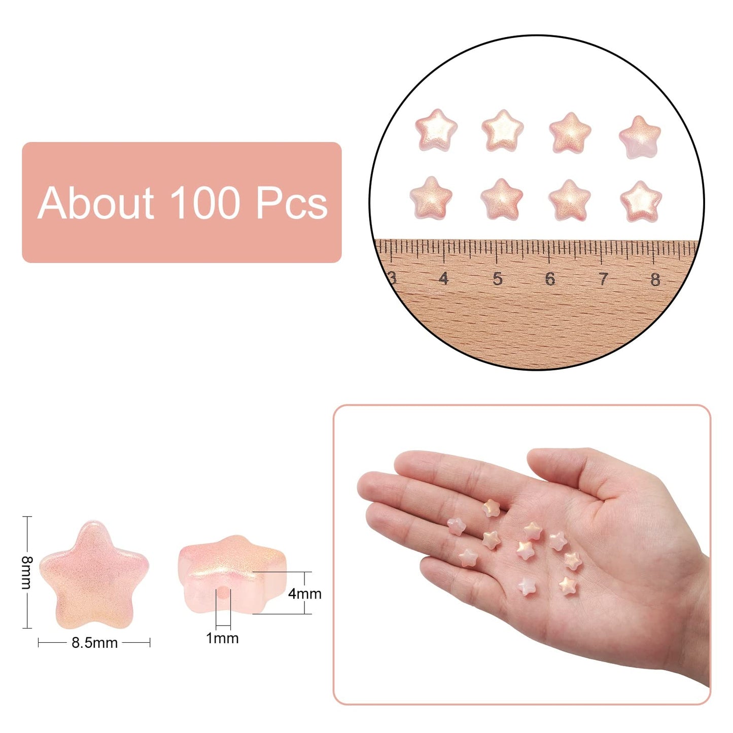 UR URLIFEHALL 100 Pcs Pink Imitation Jade Glass Star Beads with Glitter Powder Glass Beads for Earring Bracelet Necklace Jewelry DIY Making