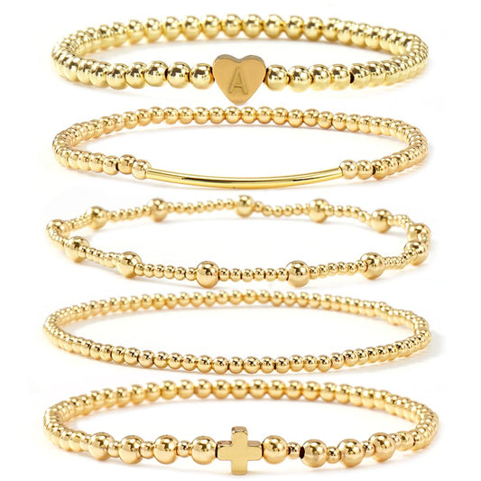 14K Gold Cross Beaded Initial Bracelet Stack for Women,Dainty Stretch Gold Plated Letter A Stackable Bracelets Bohemian Layered Prom Holiday Party Accessories Jewelry Gift Friendship