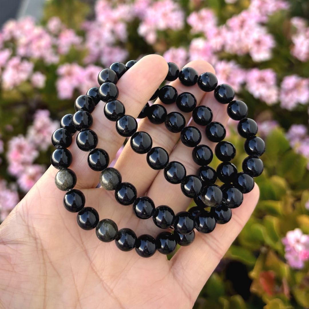 Adabele Real Natural Gold Sheen Obsidian Gemstone Beaded Bracelet 8.5 inch Stretch Chakra Healing Crystal Stone Jewelry Energy Quartz Rock GB8-D24