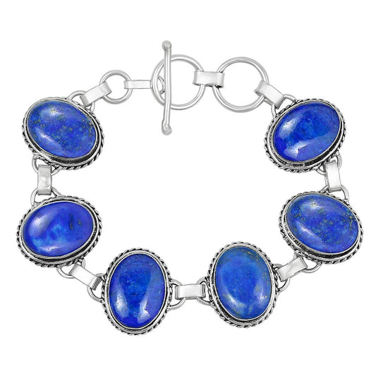Natural Lapis Lazuli Silver Plated Handmade Link Bracelet for Women - September Birthstone Oval Gemstone Adjustable Bracelet Vintage Style Bohemian Jewelry - Mother's Day Gifts for Her