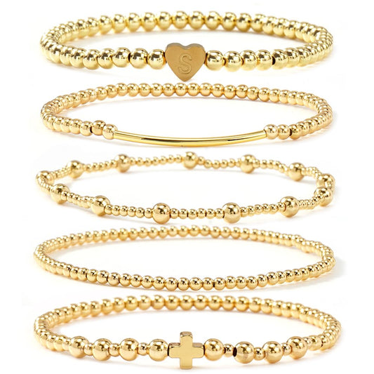 14K Gold Cross Beaded Initial Bracelet Stack for Women,Dainty Stretch Gold Plated Letter “S” Stackable Bracelets Bohemian Layered Prom Party Accessories Jewelry Gift Friendship