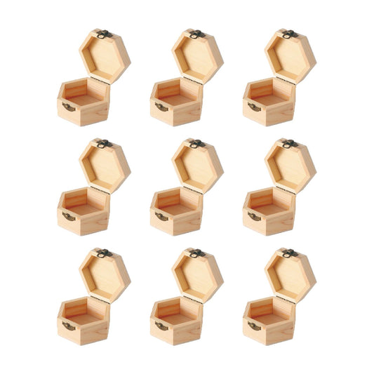 12 pcs Unfinished Vintage Wooden Hexagonal Pine Storage Boxes, 3.8X3.3X2.2in with Hinged Lids and Front Buckles for DIY Handmade Wooden Jewelry Box