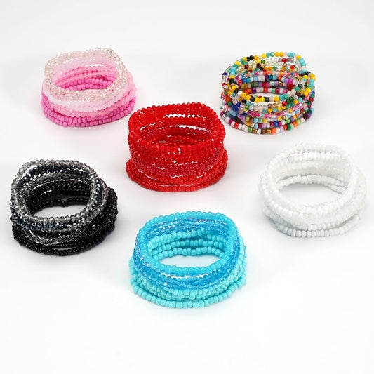 12Pcs Bohemia Multilayer Resin Seed Beaded Stackable Bracelets Colorful Crystal Glass Beads Stretch Bracelet BFF Friendship Elastic Wristbands for Women Men Summer Beach Boho Vacation Jewelry-Black