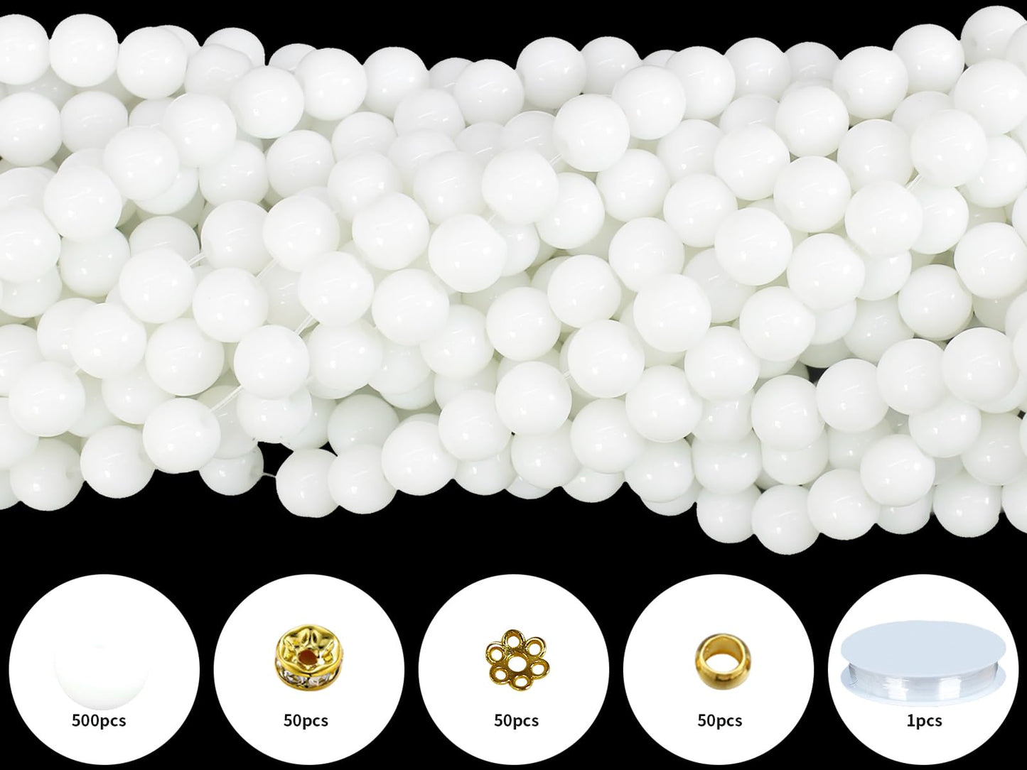Pamir Tong 650PCS 8mm Snow White Glass Beads for Jewelry Making,Round Smooth Beads, Bracelet Space Loose Beads for Earring, Necklaces-Adult Craft Supplies