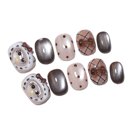 10 Short Oval Handmade Press On Nails | 3D Floral with Cat Eye Polka Dot & Sweet Bow details,Winter Styles | Skip Salon Trips, Easy to Apply & Remove, Reusable (251106, XS)