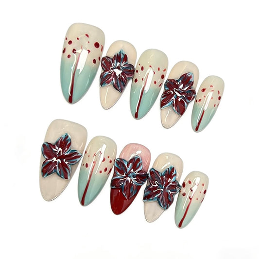 10 Pcs Handmade Almond Press on Nails Medium French Tip False Nails with Glue,3D Flower Bloodstain Gradient Glossy Designs Stick on Nails Full Cover Artificial Acrylic Glue on Nail for Women (S）