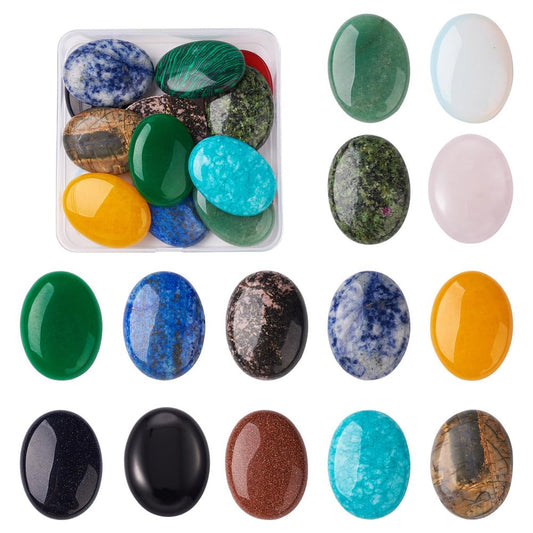 Fashewelry 14pcs Oval Healing Crystal Gemstone Cabochons 40x30mm Assorted Flatback Natural & Synthetic Energy Stone Cab Covers No Hole for Jewelry Craft Bracelet Necklace Making