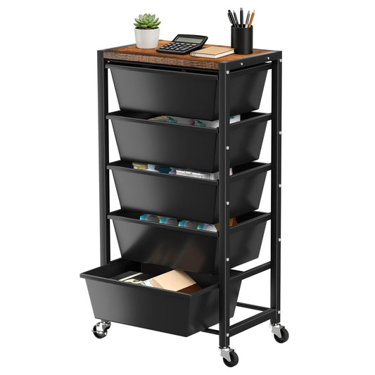 Rolling Cart with 5 Drawers, Plastic Drawer Storage Carts with Wheels & Wooden Tabletop, Metal Utility Cart for Office Bedroom Living Room Classroom, Craft Organization and Storage, Black