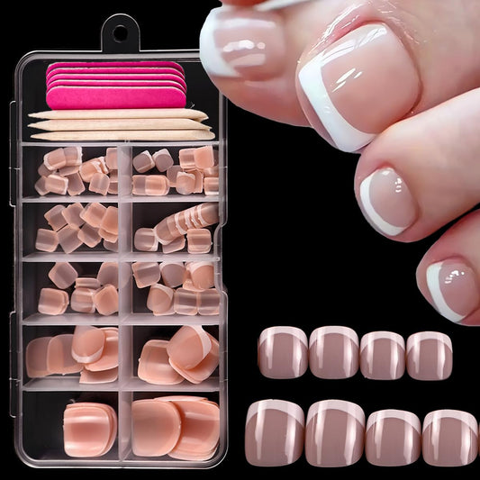 120 Pcs White French Tip Press on Toenails Whtie French Toe Nails Press on with Glue, Glossy Short Square Nude Fake Toenails Full Cover Acrylic Artificial Toenail for Women Girls Manicure