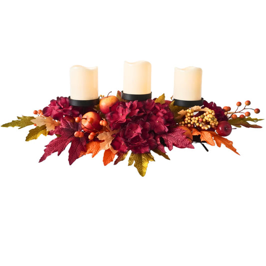 Svndlyn Thanksgiving Centerpiece with 3 Candle Holders,Fall Harvest Decor,Autumn Fall Maple Leaves Apple Berry Hydrangeas Candle Holder Floral Centerpiece for Thanksgiving Décor,Harvest Festival