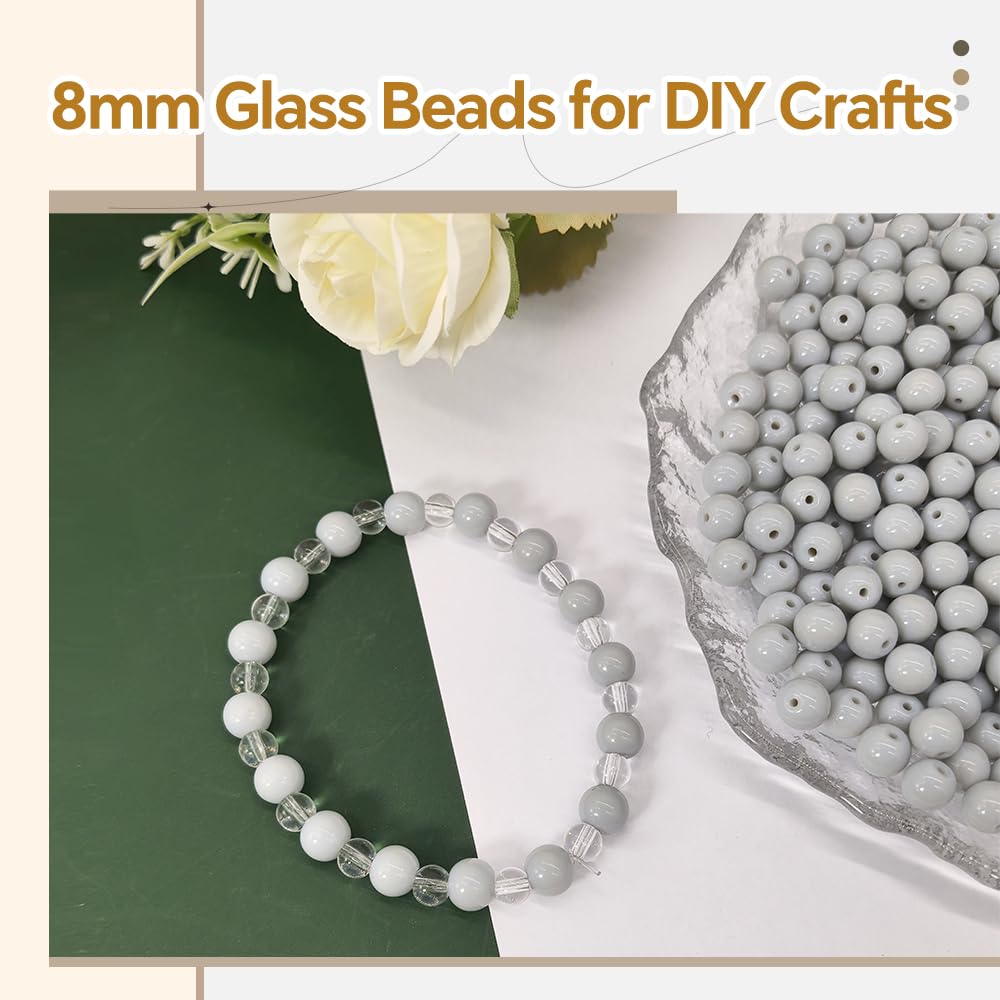 PAMIR TONG 400pcs 8mm Round Glass Beads for Bracelet Pretty Smooth Loose Beads for Necklace-Earring-Jewelry Making and DIY Crafts (Gray)