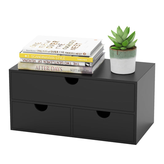 Bamboo Desk Organizer with Drawers Desktop Storage Drawers for Bills Office Supplies Kitchen Utensils Organizing Tool for Home Classroom Organization No Assembly (Black)