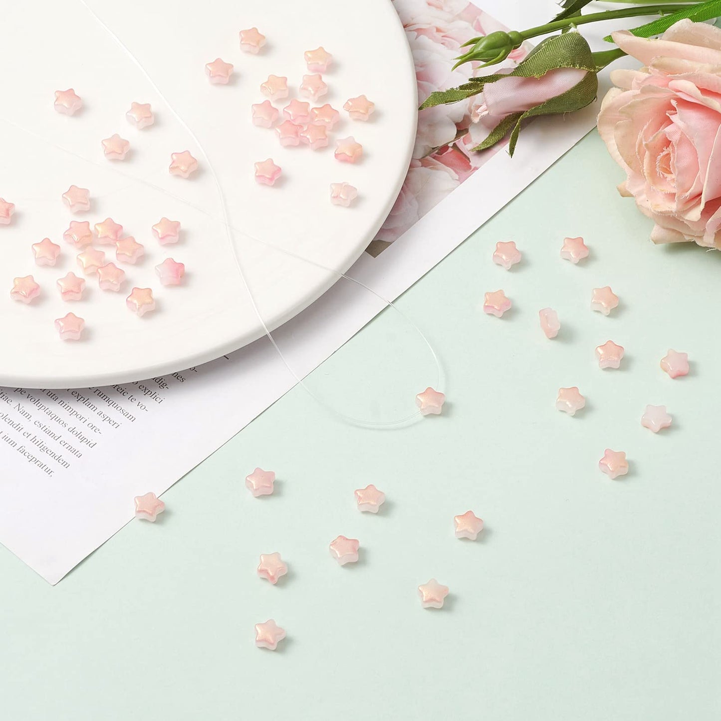 UR URLIFEHALL 100 Pcs Pink Imitation Jade Glass Star Beads with Glitter Powder Glass Beads for Earring Bracelet Necklace Jewelry DIY Making