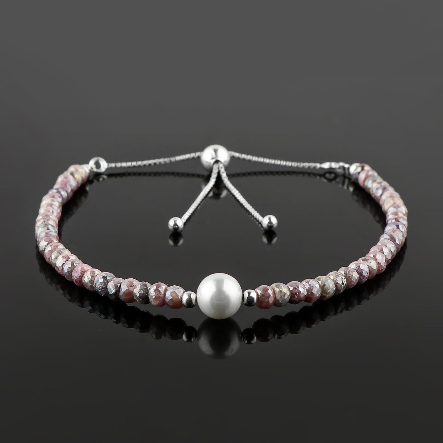CRYSTALINES Coated Silverite Gemstones Beads Bolo Bracelets with Pearl, Handmade, Birthstone, Beaded Bracelet, Crystals Jewelry, Women Bracelet, Silver Plated Adjustable Chain 10inch