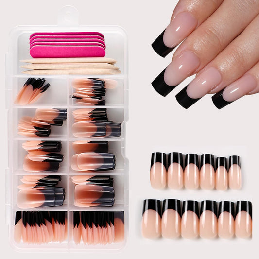 120 Pcs French Tip Press on Nails Medium Square Fake Nails Black French Nails Press on Medium Glossy Nude Acrylic Nails Full Cover Artificial False Nails Glue on Nails with Adhesive Tabs for Women