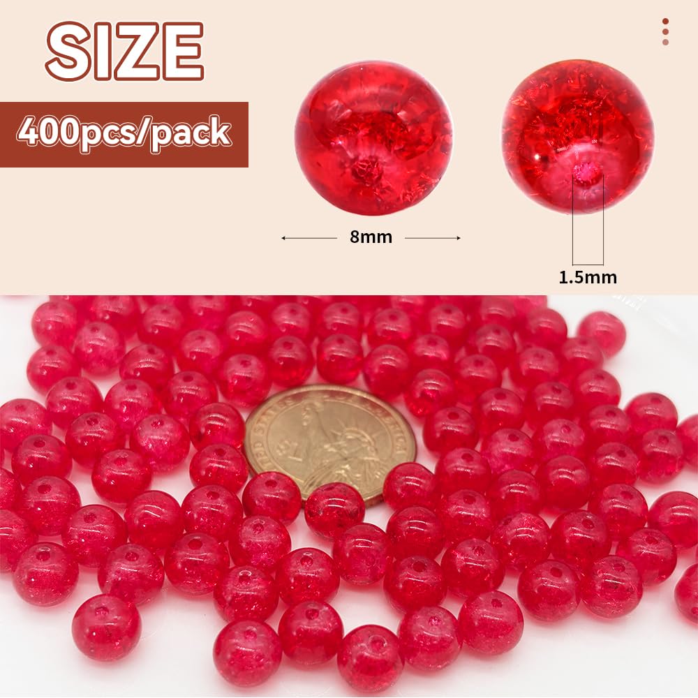 PAMIR TONG 400pcs 8mm Round Crackle Red Glass Beads for Bracelet Pretty Smooth Loose Beads for Necklace-Earring-Jewelry Making, Home Deco and DIY Crafts & Projects