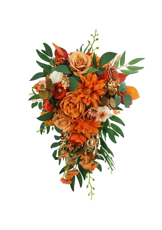 Ansofi 11" Burnt Orange Wedding Bouquets for Bride Rustic Boho Cascading Bridal Bouquet Flowers for Fall Vintage Wedding Party Ceremony Decor