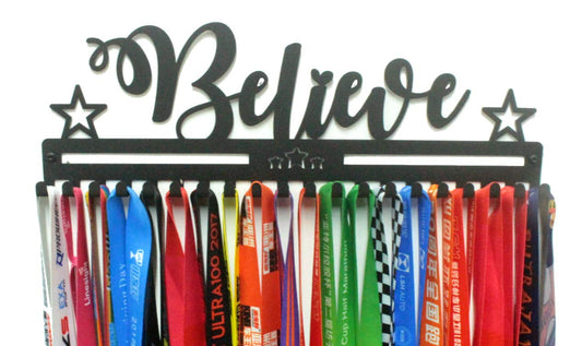 URBN BY MODERN HOME FINISHINGS 16" Metal Wall Mount 'Believe' Kids & Adults Sports Medal Hanger, Ribbon Display Holder Rack Medal Wall Hanger with Hooks, Simple Install, Great Gift (Black)