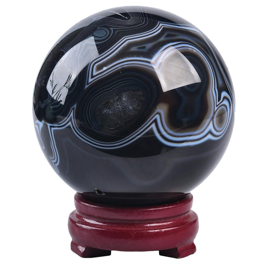 JIC Gem 3.1-3.5 inch(80-90mm) Large Black Onyx Agate Large Crystal Ball Round Healing Crystals Decorative Sphere with Wooden Stand Meditation Witchcraft Home Decor