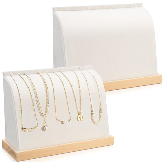 RattanView 2 Pieces Cambered Wooden Necklace Display Stand with Soft Mat Necklace Holder Jewelry Display for Vendors Home Boutique Countertop Pendant Chain Chokers Organizer Pendant (Beige, Velvet)