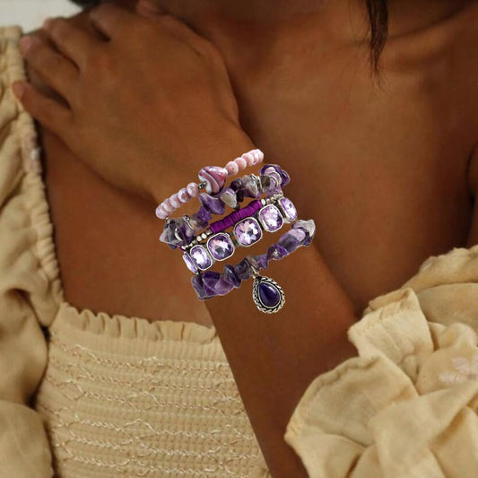 Yomisa Boho Beaded Bracelets for Women,Multilayer Wrap 5PCS Healing Natural Amethyst Stone Bead Bracelets Handmade Stackable Friendship Stretchy Beaded Bracelet Set Trendy Bohemian Jewelry Gift Women