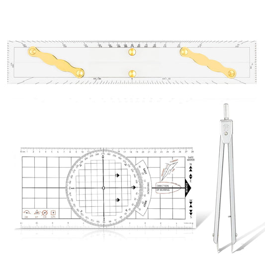 Ironwarrior 3 Pcs Basic Navigation Set,Including 15inch Parallel Ruler with Brass Arms, Nautical Protractor, and 6 Inch Marine Fixed Points Divider, Marine Accessories with Clear Scales for Boat