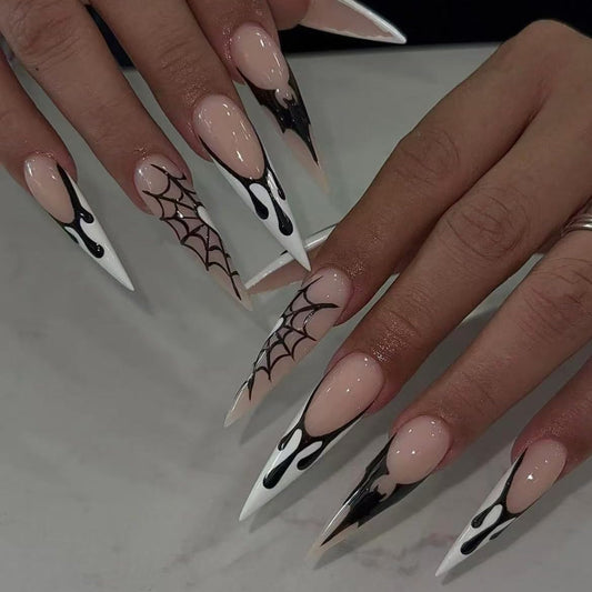 10Pcs Handmade Nails Press On, Long almond Glossy Halloween Coffin Press on Nails, White & Black with spider web, Reusable Quality Fake Nails (MT-148-M)