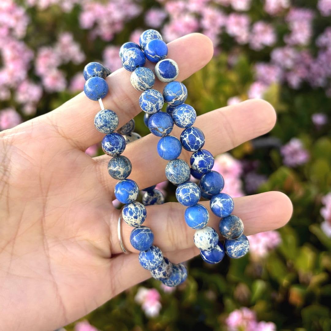 Adabele Real Natural Blue Impression Aqua Terra Sea Sediment Jasper Gemstone Beaded Bracelet 8.5 inch Stretch Chakra Healing Crystal Stone Jewelry Women Mom Gift GB8-D3