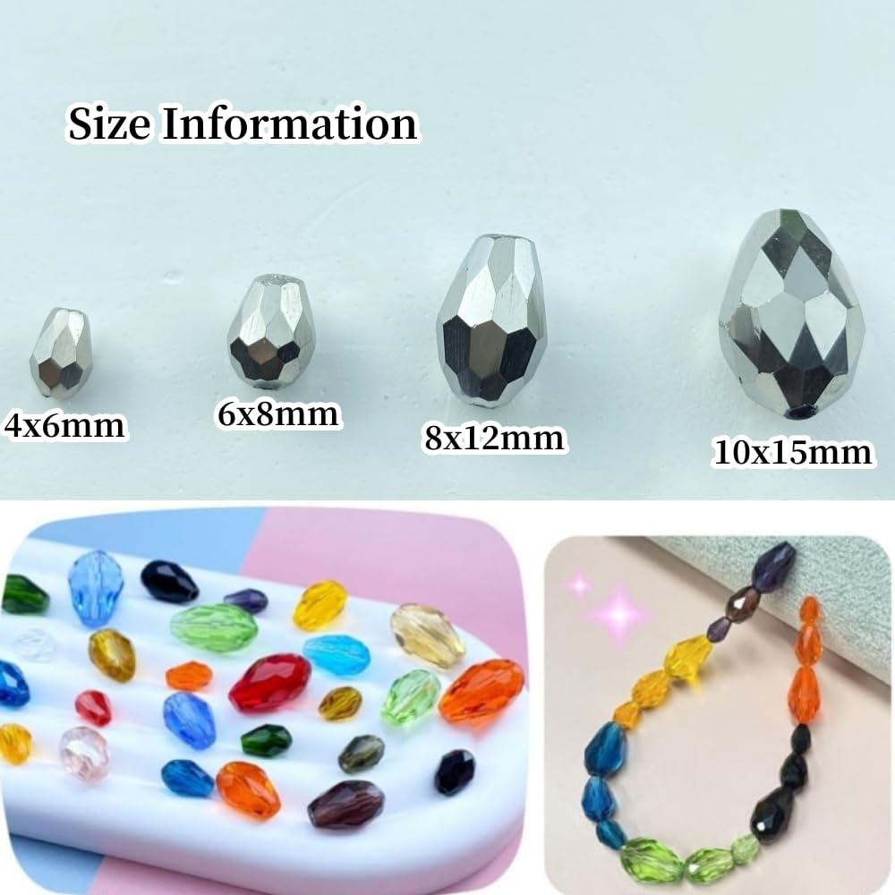 Honkoolly 200pcs 4x6mm Teardrop Crystal Glass Beads Vertical Hole Faceted Glass Teardrop Spacer Beads for Bracelets Necklace Earring DIY Jewelry Making Craft(Silver)