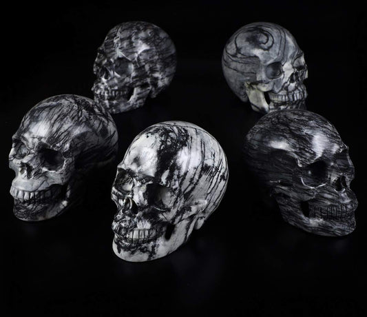 Skullis 5.0" Black Picasso Crystal Skull, Hand Carved Gemstone Fine Art Sculpture, Reiki Healing Stone Statue.