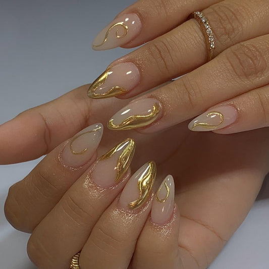 Almond Press On Nails Short Fake Nails Nude False Nails With 3D Gold Irregular Design Full Cover Acrylic Glue On Nail Glossy Stick On Nail Kit For Women DIY Manicure 24 Pcs