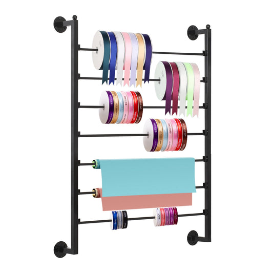 Yonynise Ribbon Storage Organizer,Wall Mounted Ribbon Holder Rack,7 Tier Large Capacity Metal Ribbon Storage for Craft Room,Flower Shop,Cake Shop,Gift Wrapping Paper,Black