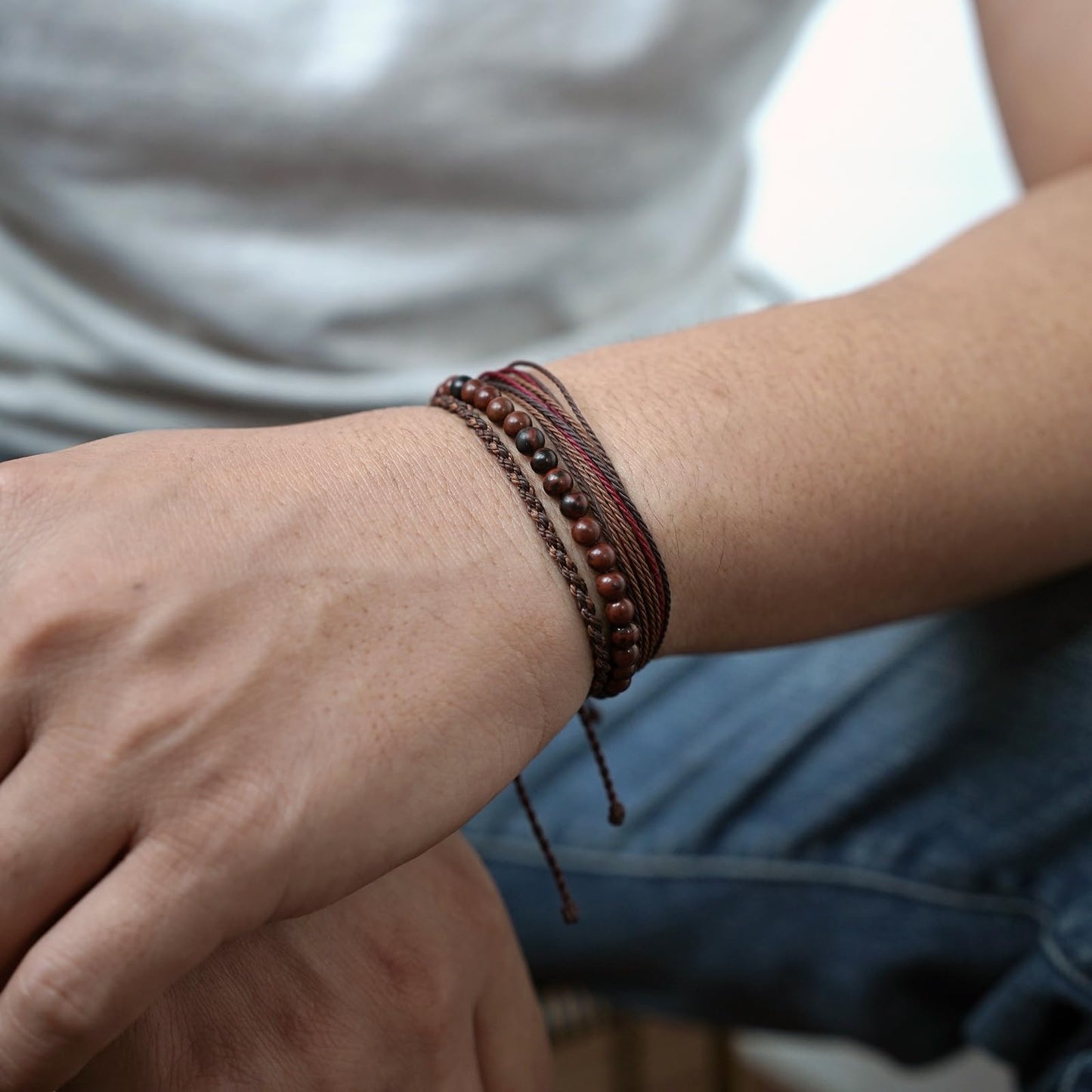 Handmade Natural Stone Beaded Healing Bracelet Gift for Men Adjustable Rope String Bracelet (Mahogany Obsidian, Adjustable)